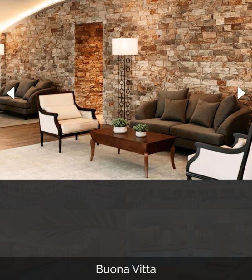 Hotel Buona Vitta Gramado by Gramado Parks Esterno foto The image shows a stylish living room setting. There are two sofas: one is a dark brown color, and the other is a cream color with dark wooden accents. In the center, there is a wooden coffee table with a smooth finish and decorative plants on top. T